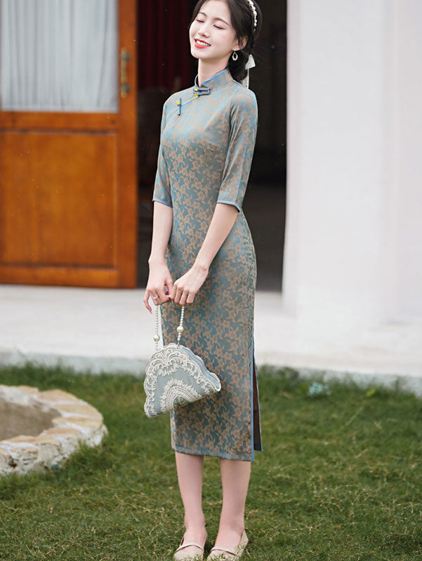 Blue Pink Jacquard Mid Tea Cheongsam Qipao Dress