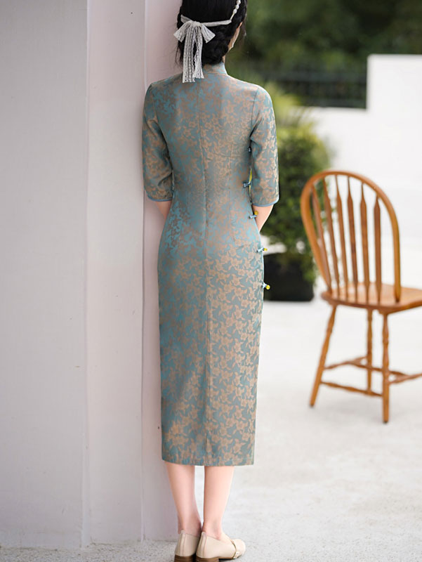 Blue Pink Jacquard Mid Tea Cheongsam Qipao Dress