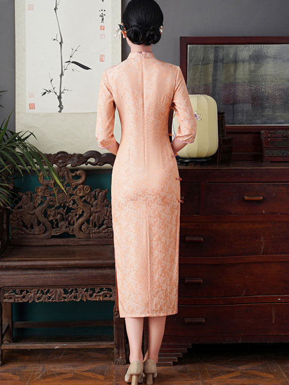 Blue Pink Jacquard Mid Tea Cheongsam Qipao Dress
