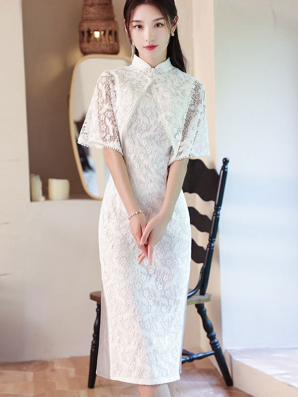 2023 White Lace Mid Cheongsam Qipao Dress with Shawl
