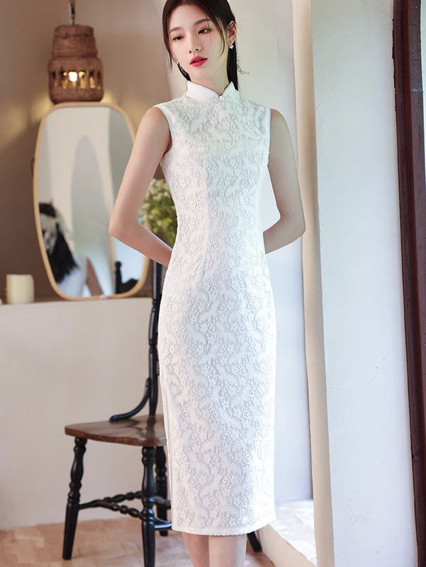 2023 White Lace Mid Cheongsam Qipao Dress with Shawl