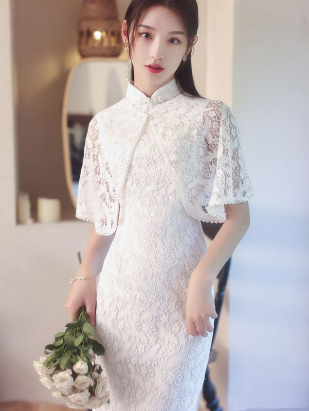 2023 White Lace Mid Cheongsam Qipao Dress with Shawl