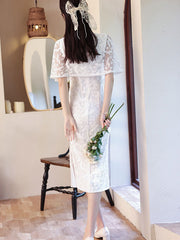 2023 White Lace Mid Cheongsam Qipao Dress with Shawl