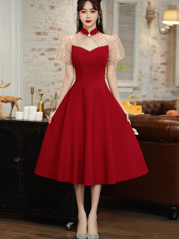 Cutout A-Line Puff Sleeve Mid Wedding Cheongsam Qipao Dress