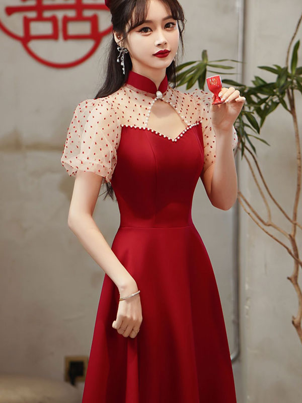 Cutout A-Line Puff Sleeve Mid Wedding Cheongsam Qipao Dress