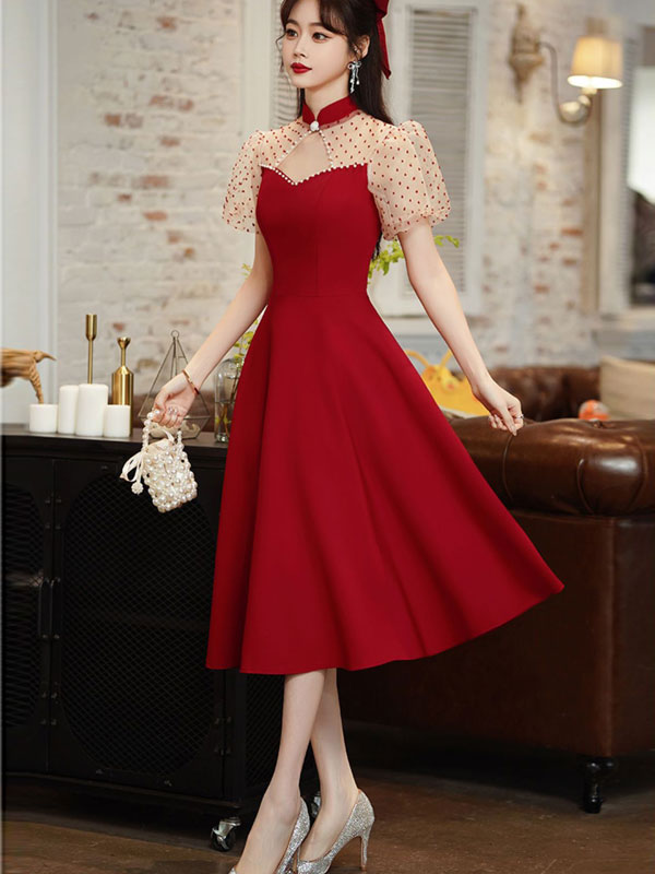 Cutout A-Line Puff Sleeve Mid Wedding Cheongsam Qipao Dress