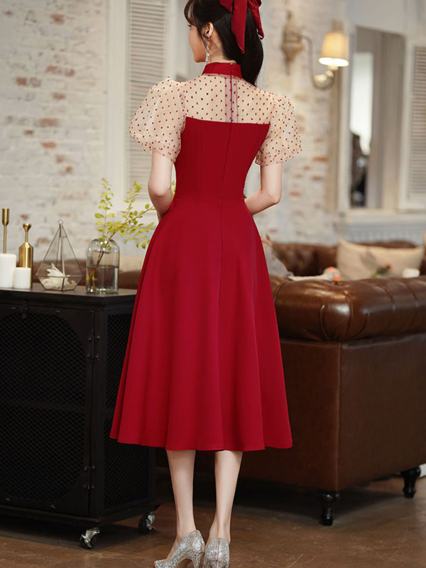 Cutout A-Line Puff Sleeve Mid Wedding Cheongsam Qipao Dress