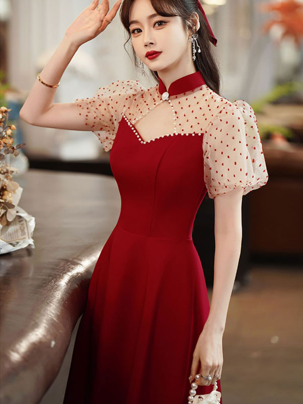 Cutout A-Line Puff Sleeve Mid Wedding Cheongsam Qipao Dress