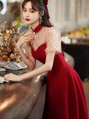 Cutout A-Line Puff Sleeve Mid Wedding Cheongsam Qipao Dress