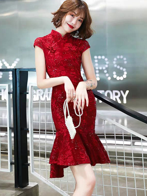 Sequined Red Lace Frill Hem Wedding Cheongsam Qipao Dress