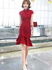 Sequined Red Lace Frill Hem Wedding Cheongsam Qipao Dress