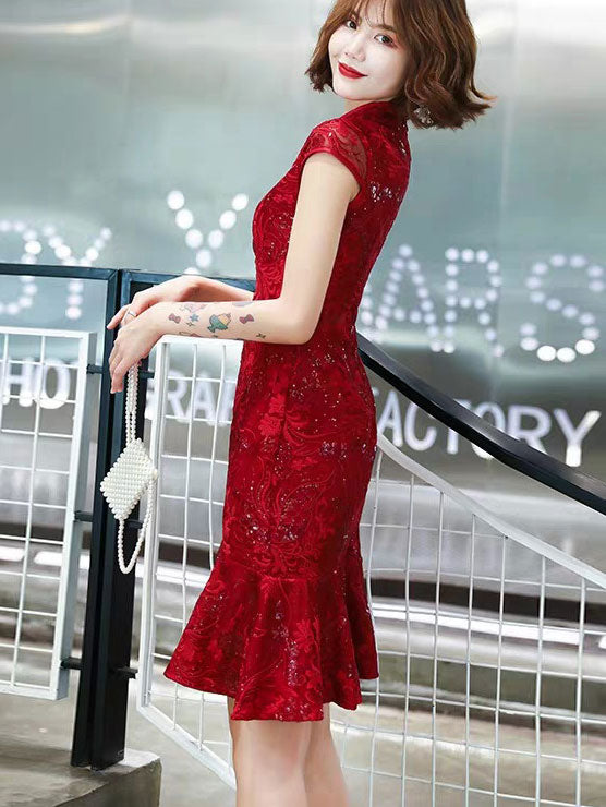 Sequined Red Lace Frill Hem Wedding Cheongsam Qipao Dress