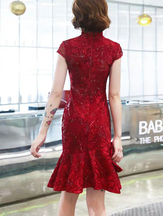 Sequined Red Lace Frill Hem Wedding Cheongsam Qipao Dress