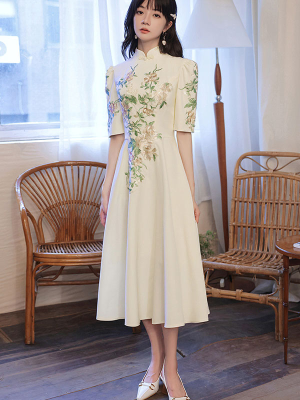 Embroidered Floral Fit & Flare Cheongsam Qipao Prom Dress