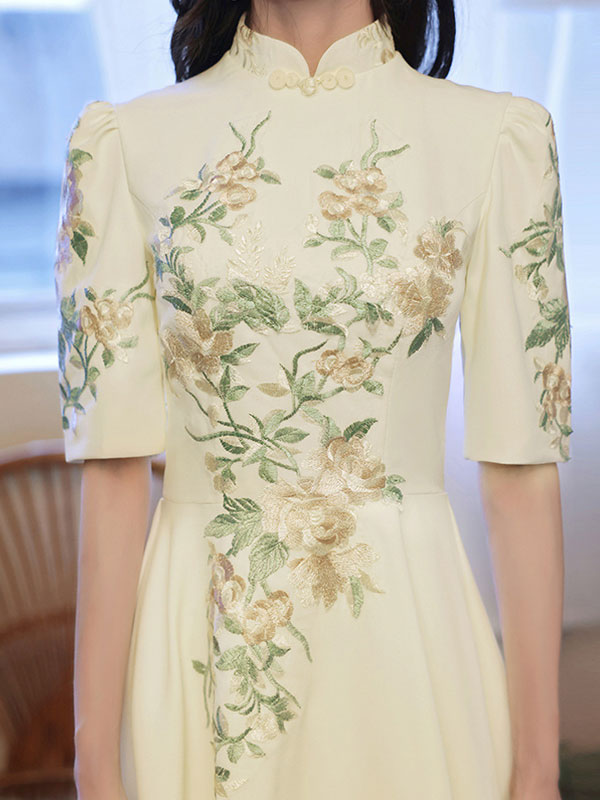 Embroidered Floral Fit & Flare Cheongsam Qipao Prom Dress