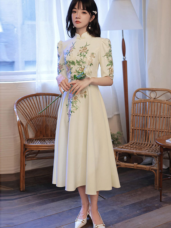 Embroidered Floral Fit & Flare Cheongsam Qipao Prom Dress