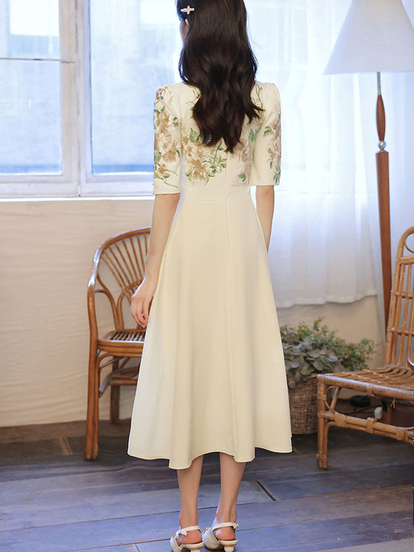 Embroidered Floral Fit & Flare Cheongsam Qipao Prom Dress