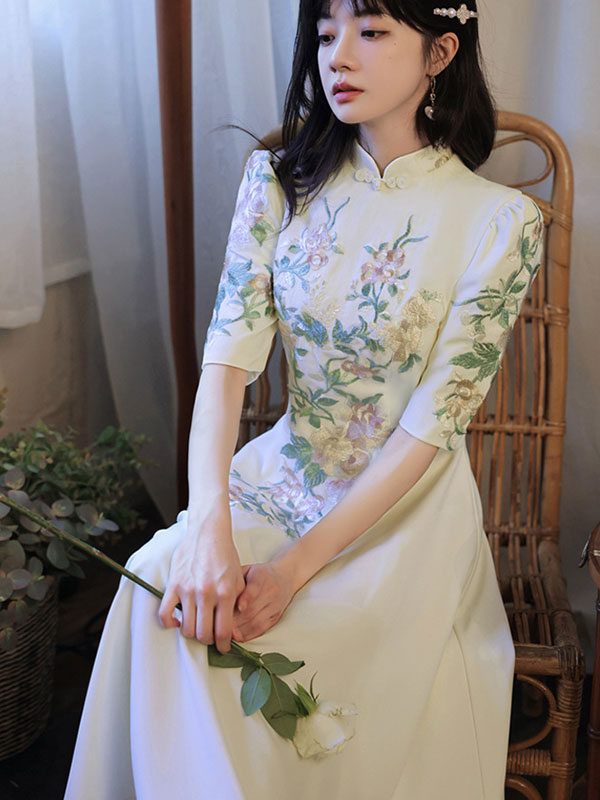 Embroidered Floral Fit & Flare Cheongsam Qipao Prom Dress