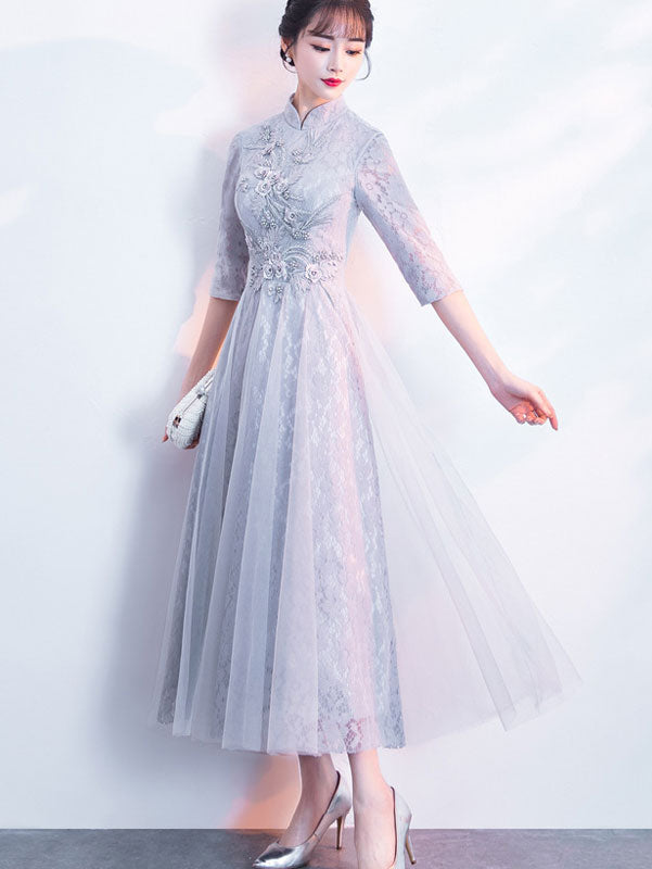 Gray Floral Lace Fit & Flare Cheongsam Qipao Dress