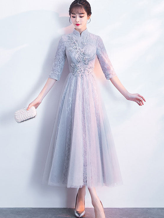 Gray Floral Lace Fit & Flare Cheongsam Qipao Dress