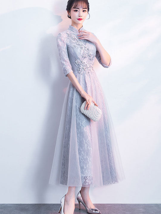Gray Floral Lace Fit & Flare Cheongsam Qipao Dress