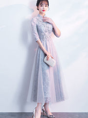 Gray Floral Lace Fit & Flare Cheongsam Qipao Dress