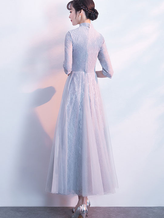 Gray Floral Lace Fit & Flare Cheongsam Qipao Dress