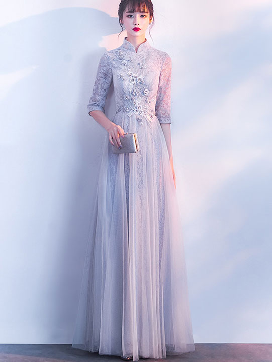 Gray Floral Lace Fit & Flare Cheongsam Qipao Dress
