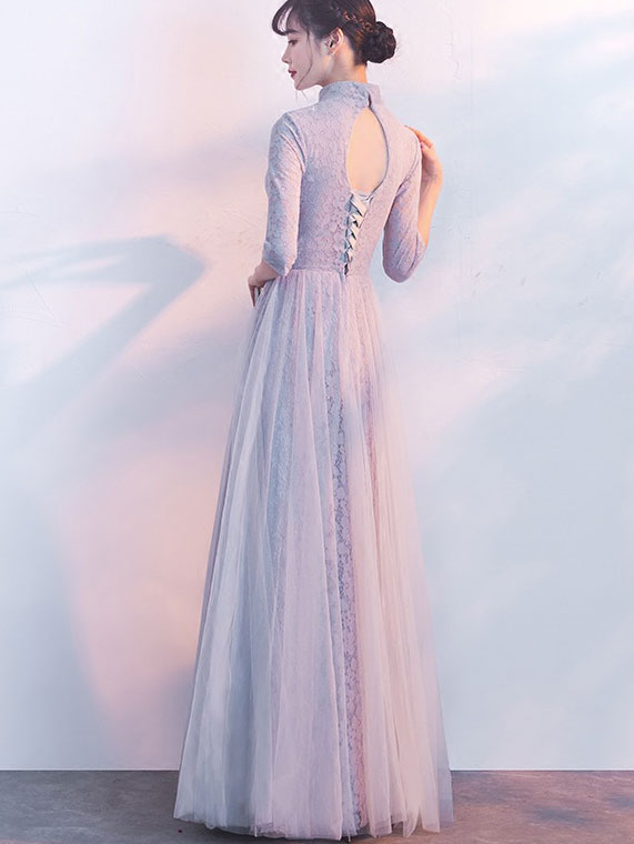 Gray Floral Lace Fit & Flare Cheongsam Qipao Dress