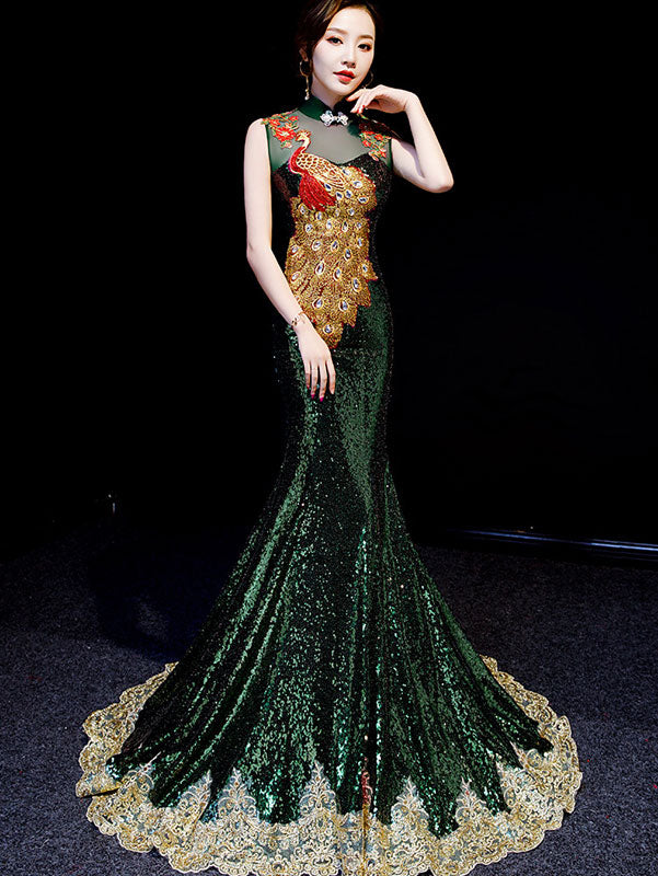 Green Sequined Phoenix Cheongsam Qipao Dress with Mermaid Train