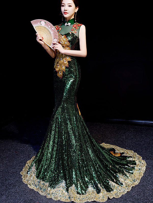Green Sequined Phoenix Cheongsam Qipao Dress with Mermaid Train