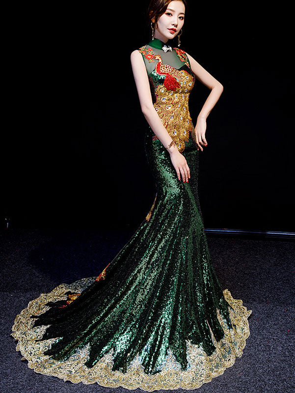 Green Sequined Phoenix Cheongsam Qipao Dress with Mermaid Train