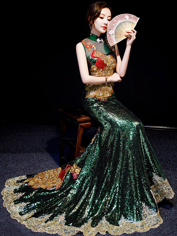 Green Sequined Phoenix Cheongsam Qipao Dress with Mermaid Train