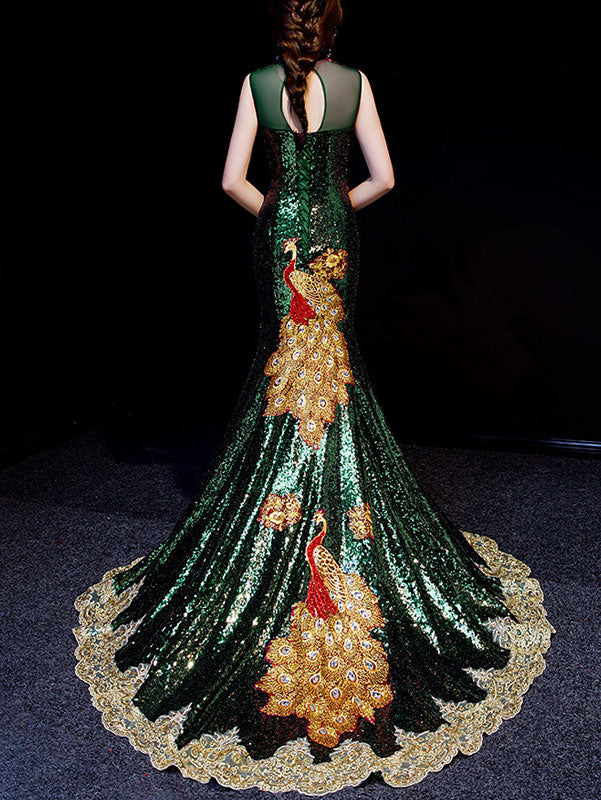 Green Sequined Phoenix Cheongsam Qipao Dress with Mermaid Train