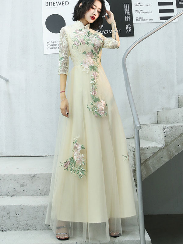 Pink Champagne Appliques Tulle Full Qipao Cheongsam Dress