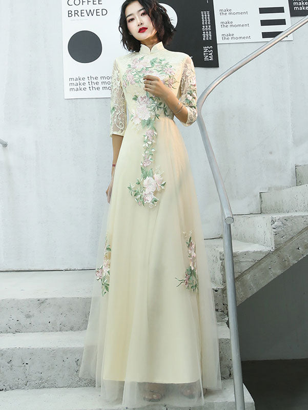 Pink Champagne Appliques Tulle Full Qipao Cheongsam Dress