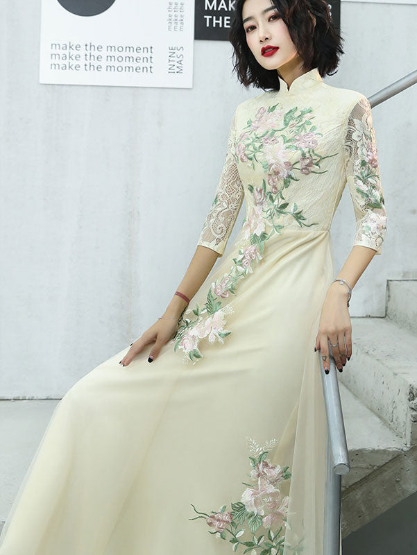 Pink Champagne Appliques Tulle Full Qipao Cheongsam Dress