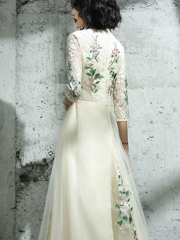 Pink Champagne Appliques Tulle Full Qipao Cheongsam Dress