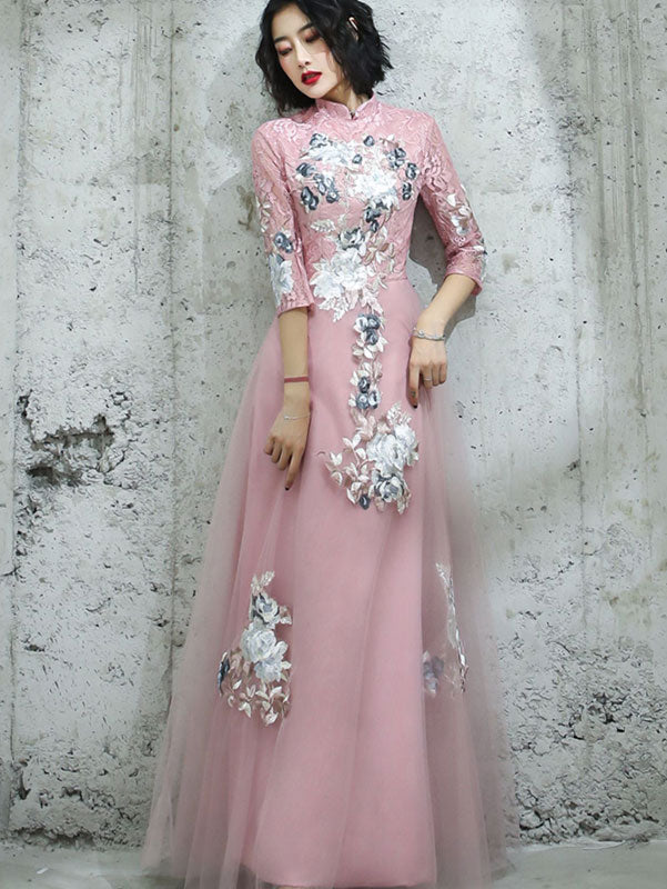 Pink Champagne Appliques Tulle Full Qipao Cheongsam Dress