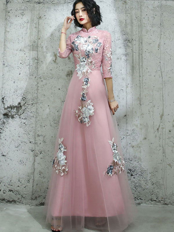 Pink Champagne Appliques Tulle Full Qipao Cheongsam Dress