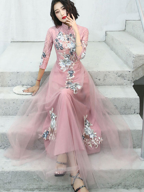 Pink Champagne Appliques Tulle Full Qipao Cheongsam Dress
