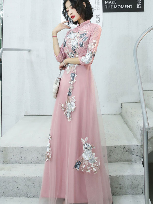 Pink Champagne Appliques Tulle Full Qipao Cheongsam Dress