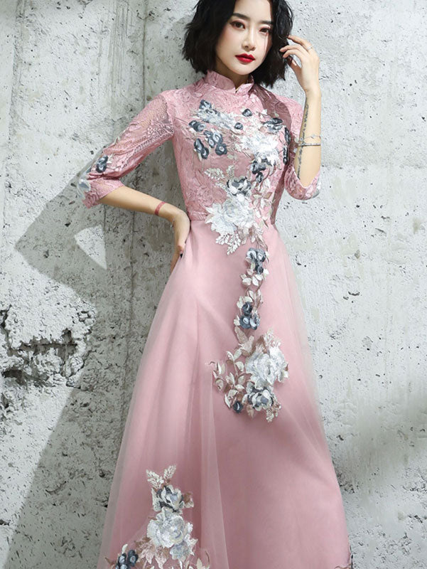 Pink Champagne Appliques Tulle Full Qipao Cheongsam Dress