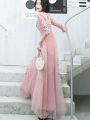 Pink Champagne Appliques Tulle Full Qipao Cheongsam Dress