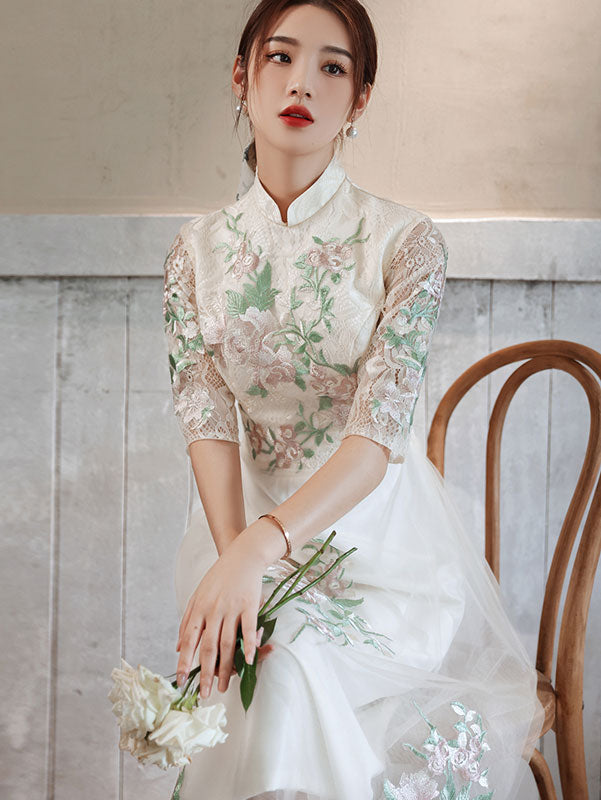 White Appliques Tea Length Cheongsam Qipao Dress