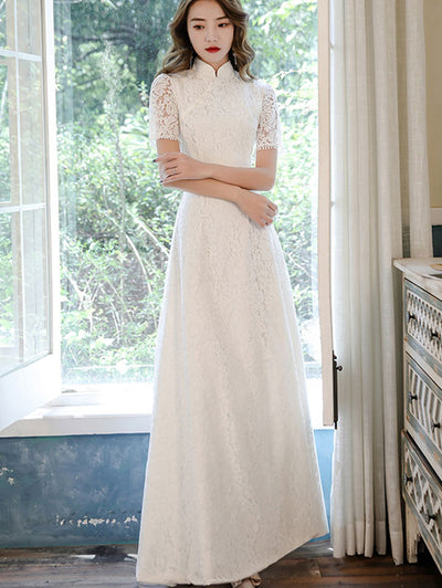 White Lace Split A-line Maxi Cheongsam Qipao Wedding Gown