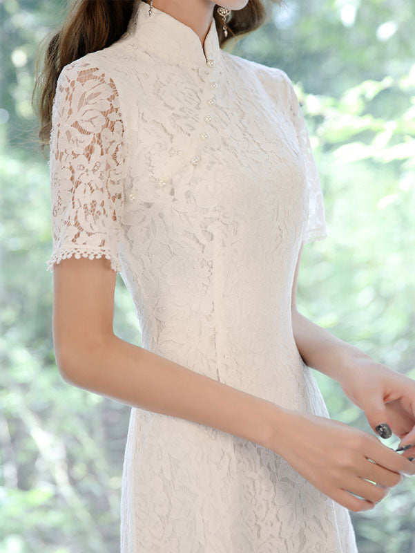 White Lace Split A-line Maxi Cheongsam Qipao Wedding Gown