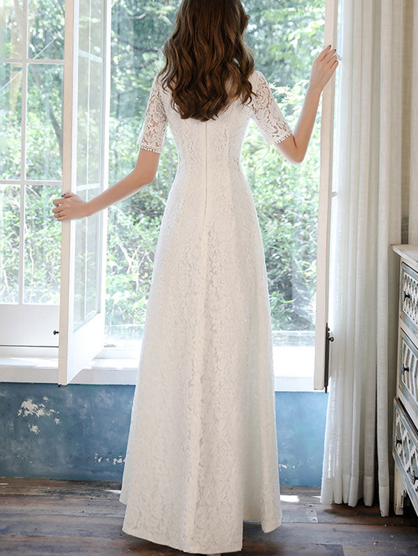 White Lace Split A-line Maxi Cheongsam Qipao Wedding Gown