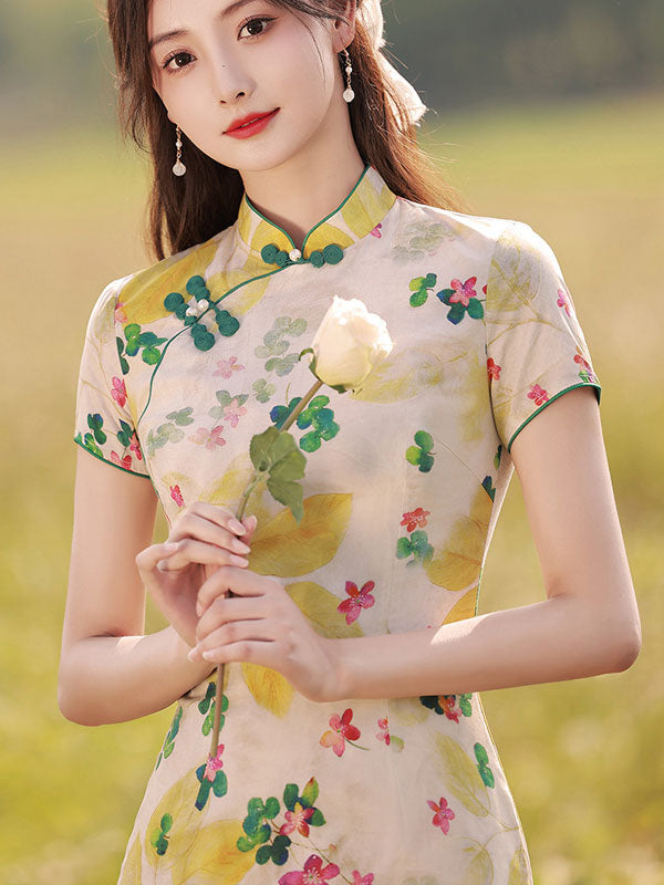 Floral Linen Mid Tea Cheongsam Qipao Dress