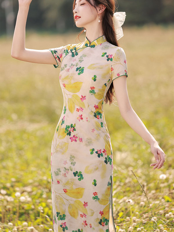 Floral Linen Mid Tea Cheongsam Qipao Dress